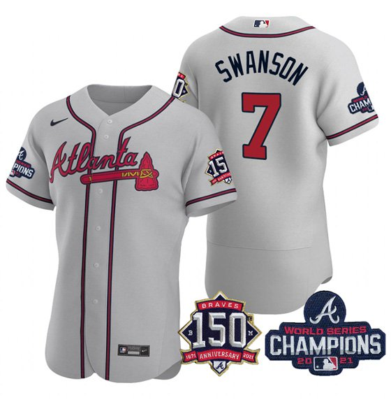 Men's Atlanta Braves #7 Dansby Swanson 2021 Grey World Series Champions With 150th Anniversary Flex Base Stitched Jersey Men's Atlanta Braves #7 Dansby Swanson 2021 Grey World Series Champions With 150th Anniversary Flex Base Stitched Jersey